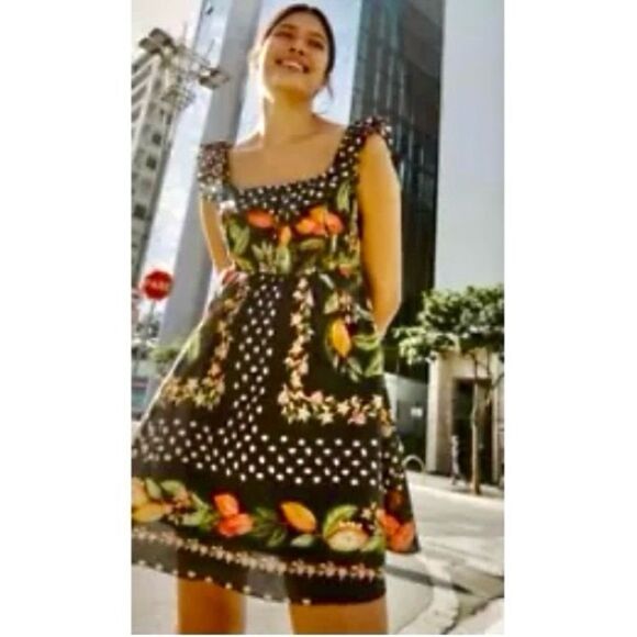 NEW FARM Rio Cocoa Paradise Mini Dress Tropical Polka Dot Ruffle Black Size XL - Picture 6 of 16